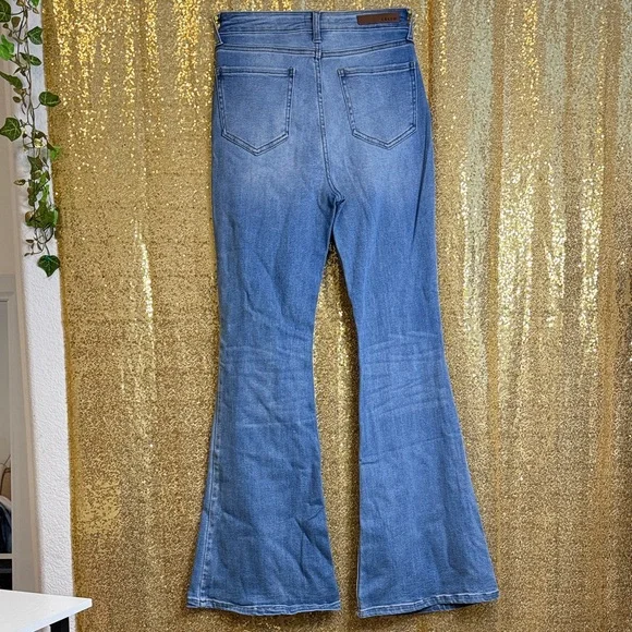 Cello Medium Blue High-Rise Flare Jeans with Knee Distress - Picture 3 of 7